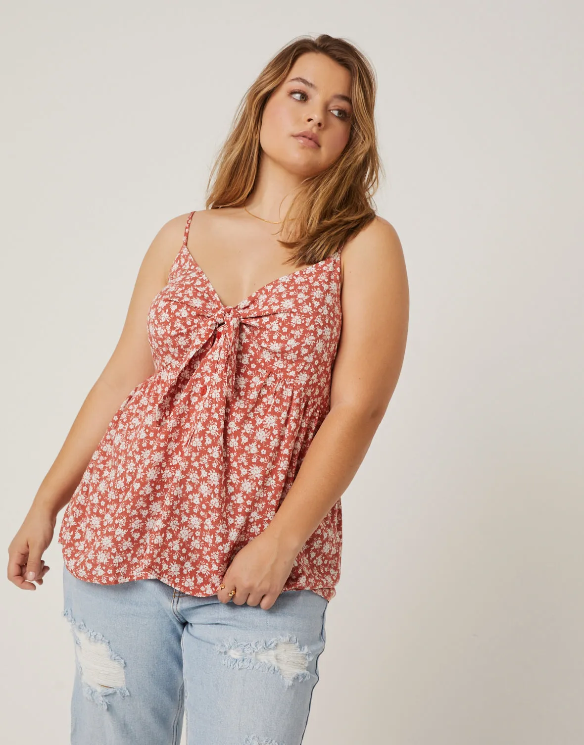 Plus Size Button Tie Floral Tank