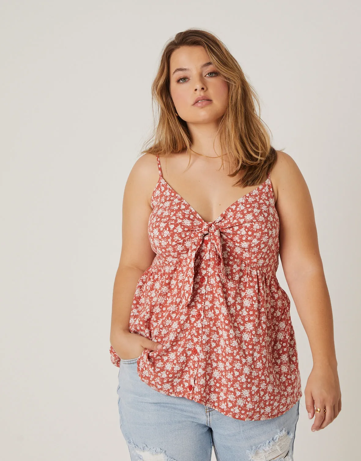 Plus Size Button Tie Floral Tank
