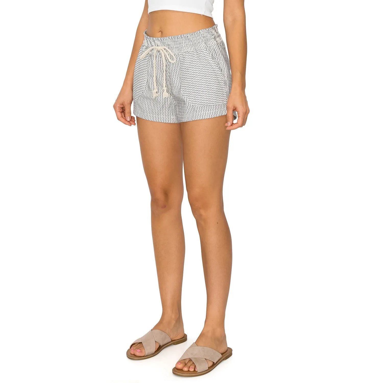 Printed Drawstring Linen Shorts - White Black