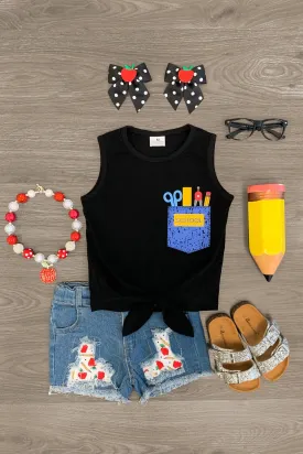 "SCHOOL" Pocket Tie Top Denim Short Set