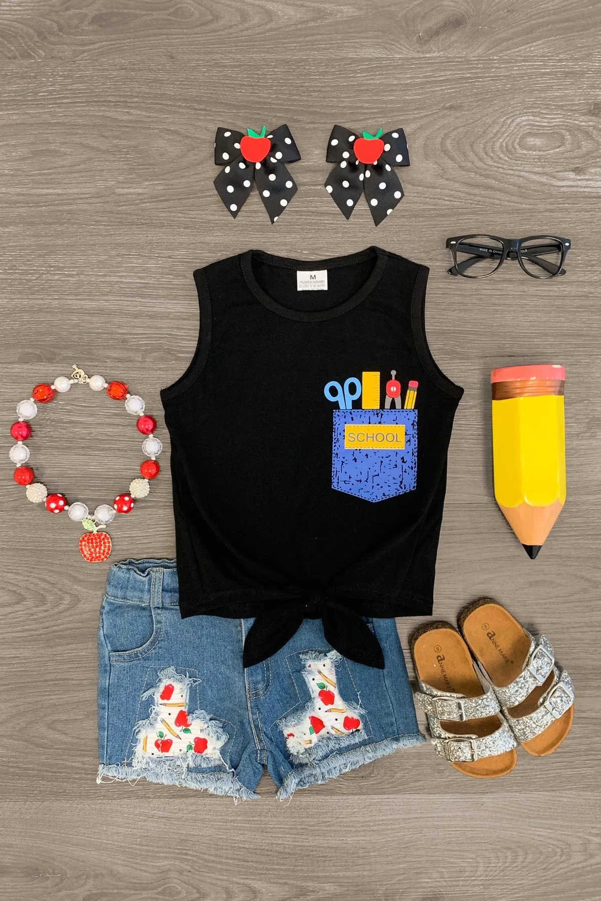 "SCHOOL" Pocket Tie Top Denim Short Set