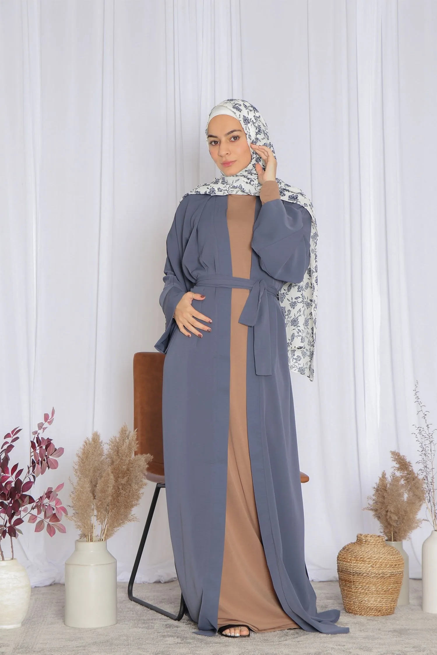 Rana Soft Open Abaya- Blue Gray