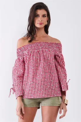 Red & White Checkered Floral Print Off-The-Shoulder Relaxed Blouse Top /2-2-2