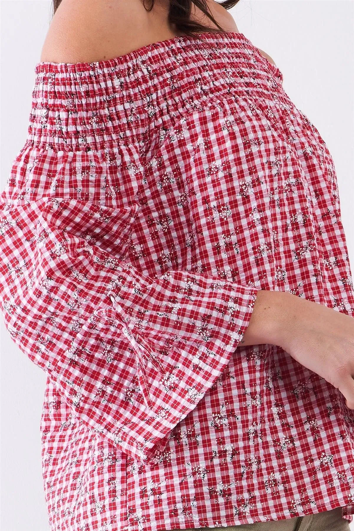 Red & White Checkered Floral Print Off-The-Shoulder Relaxed Blouse Top /2-2-2