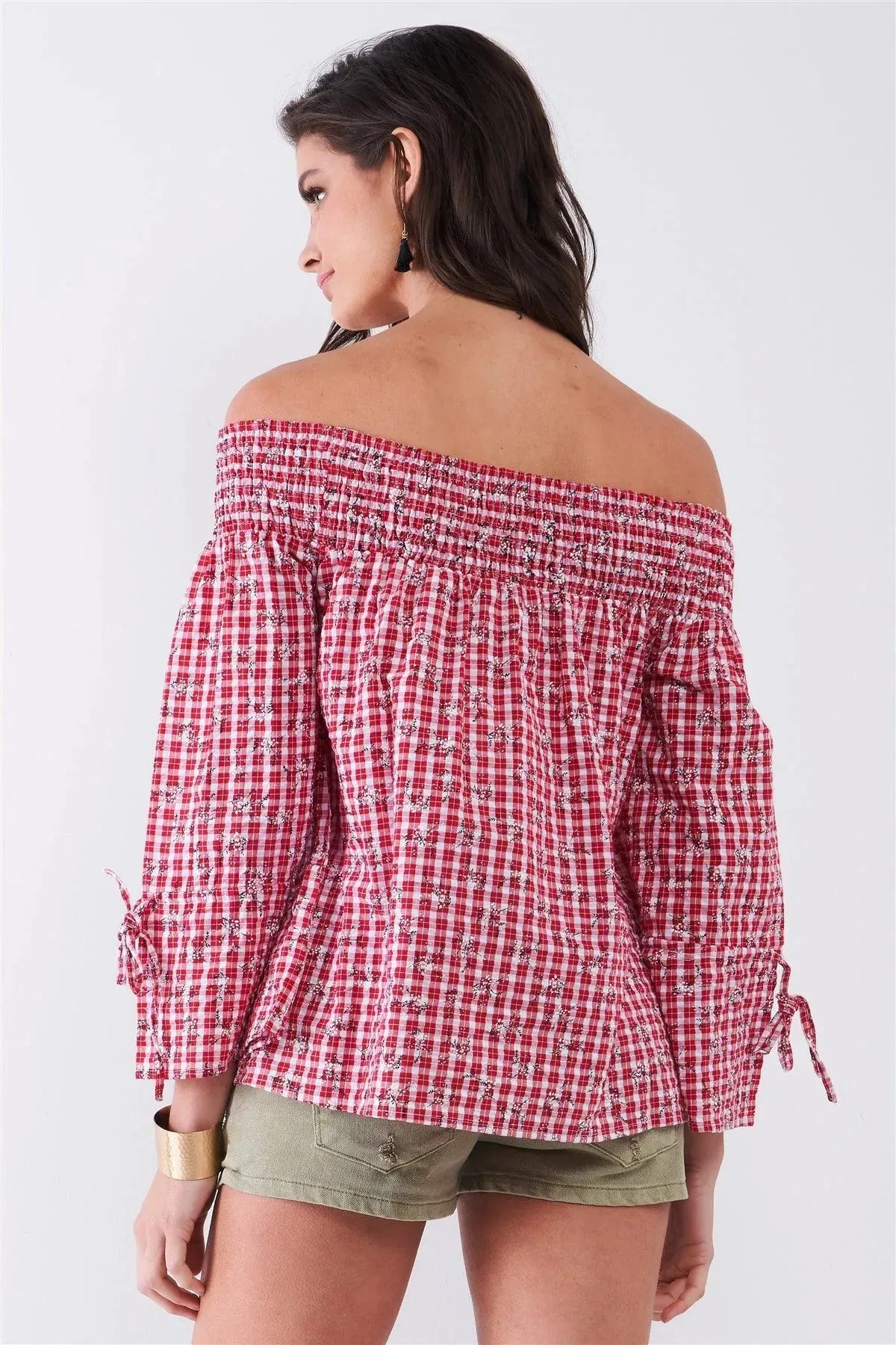 Red & White Checkered Floral Print Off-The-Shoulder Relaxed Blouse Top /2-2-2
