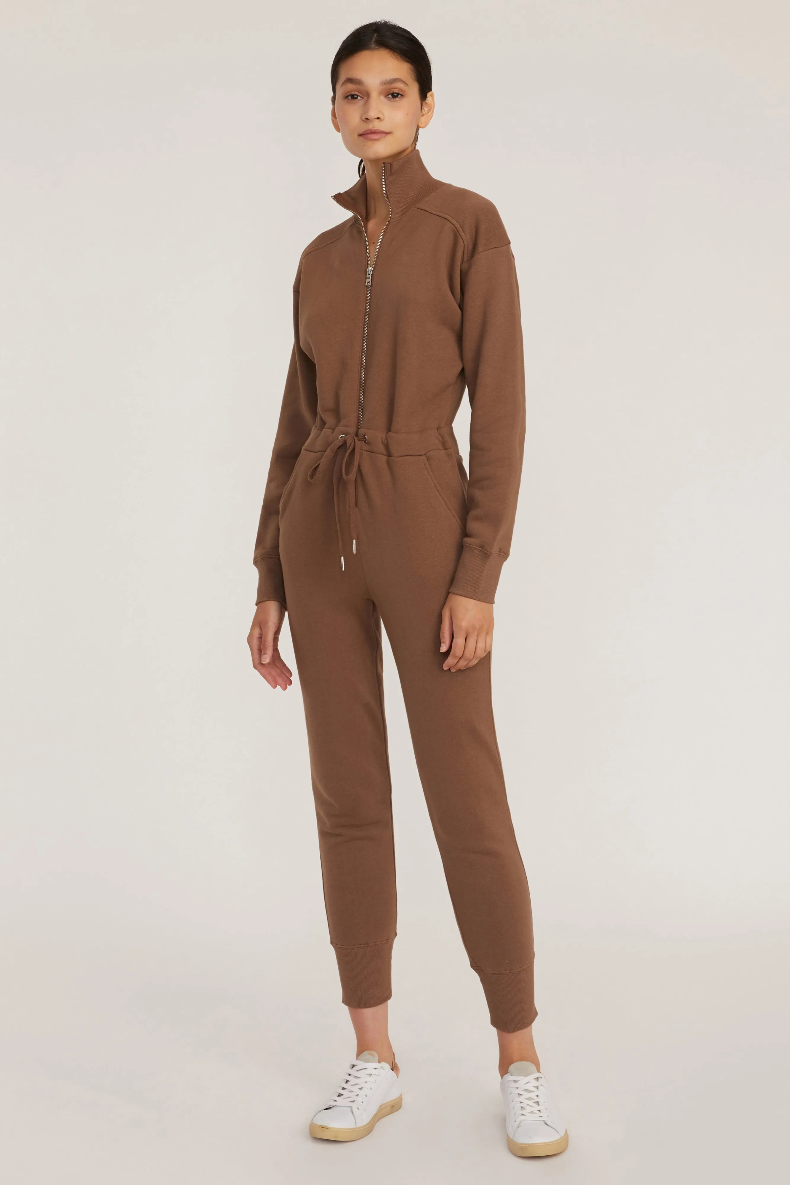 Red-Eye Zip Front French Terry Jumpsuit in Cognac