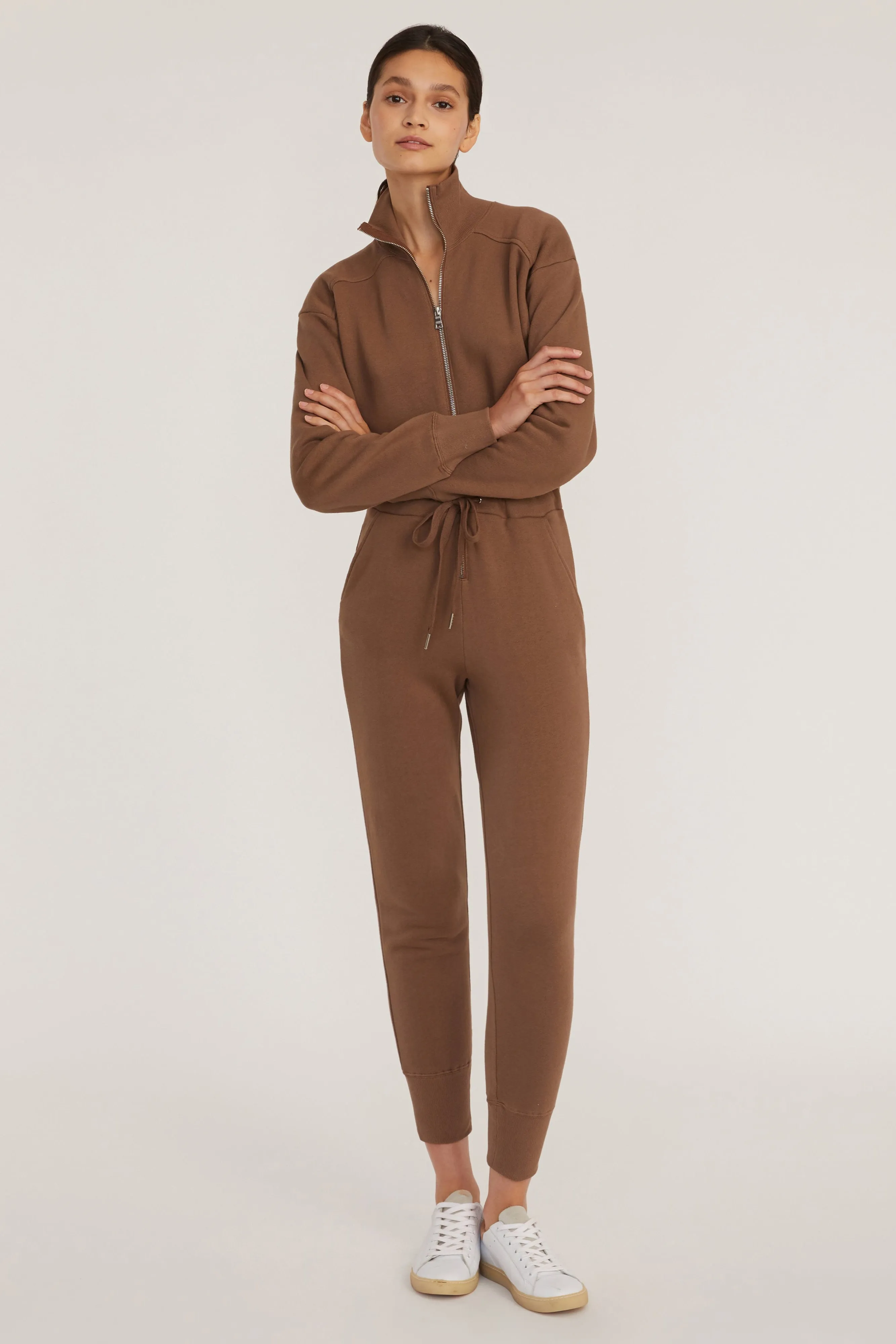 Red-Eye Zip Front French Terry Jumpsuit in Cognac