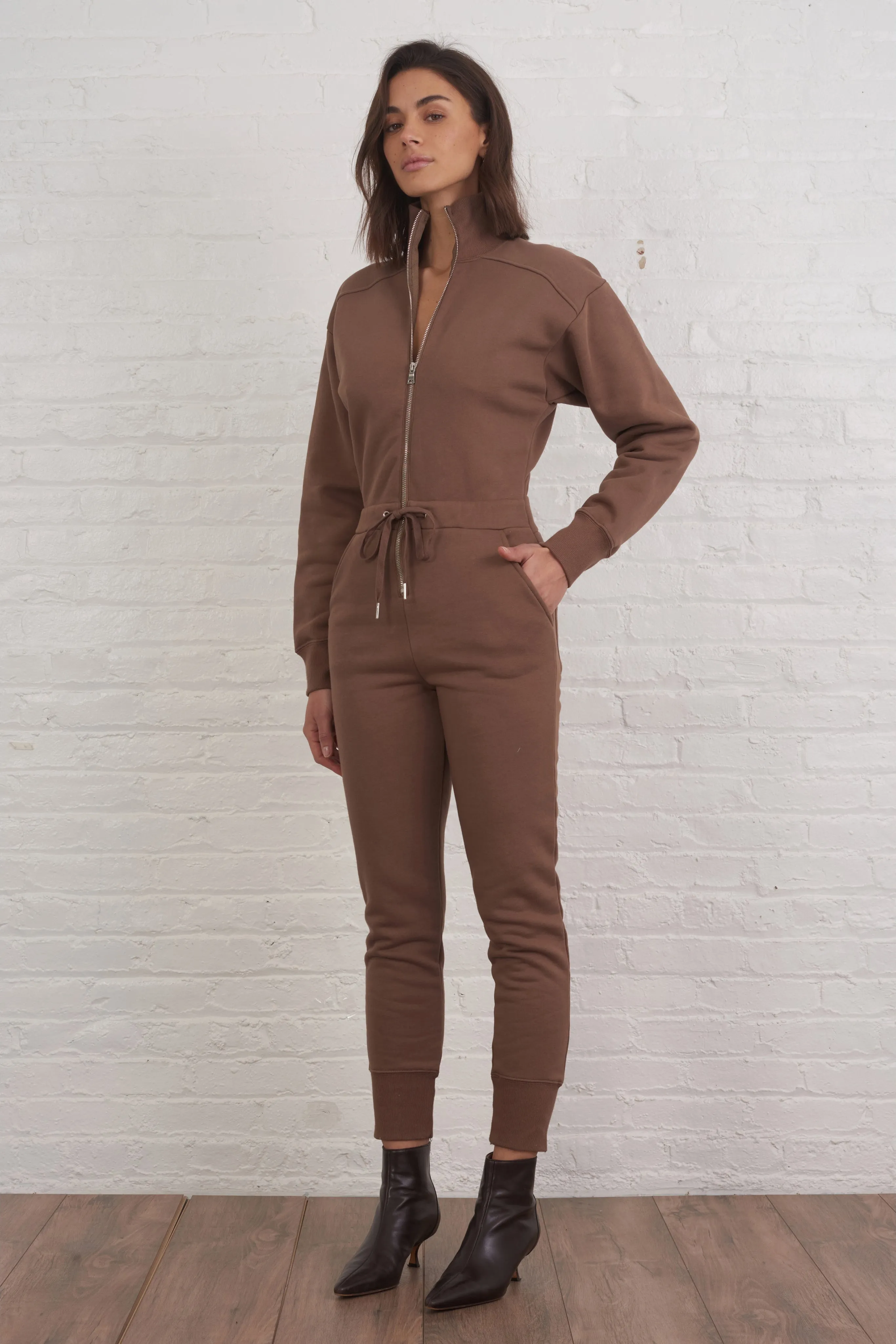 Red-Eye Zip Front French Terry Jumpsuit in Cognac
