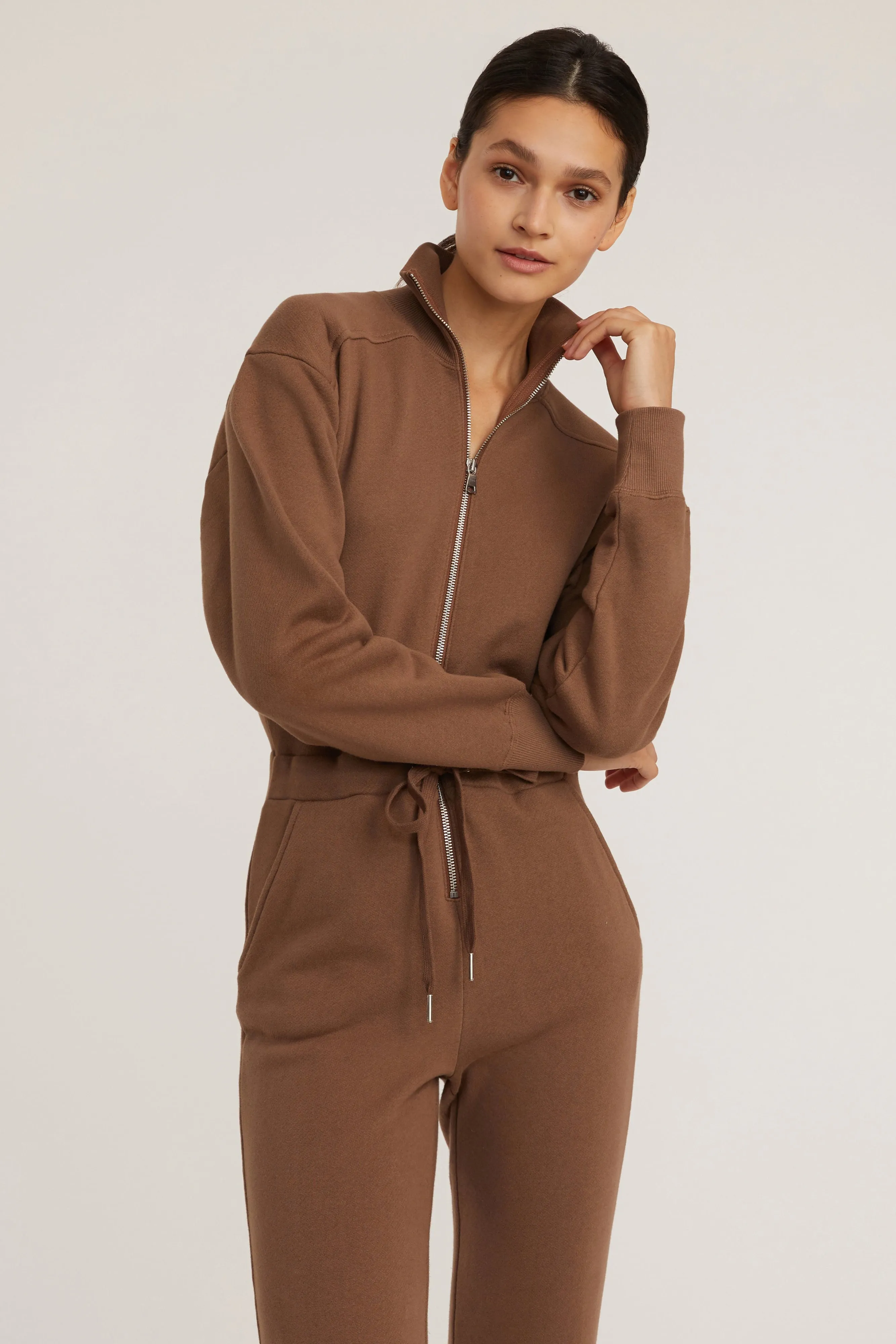 Red-Eye Zip Front French Terry Jumpsuit in Cognac