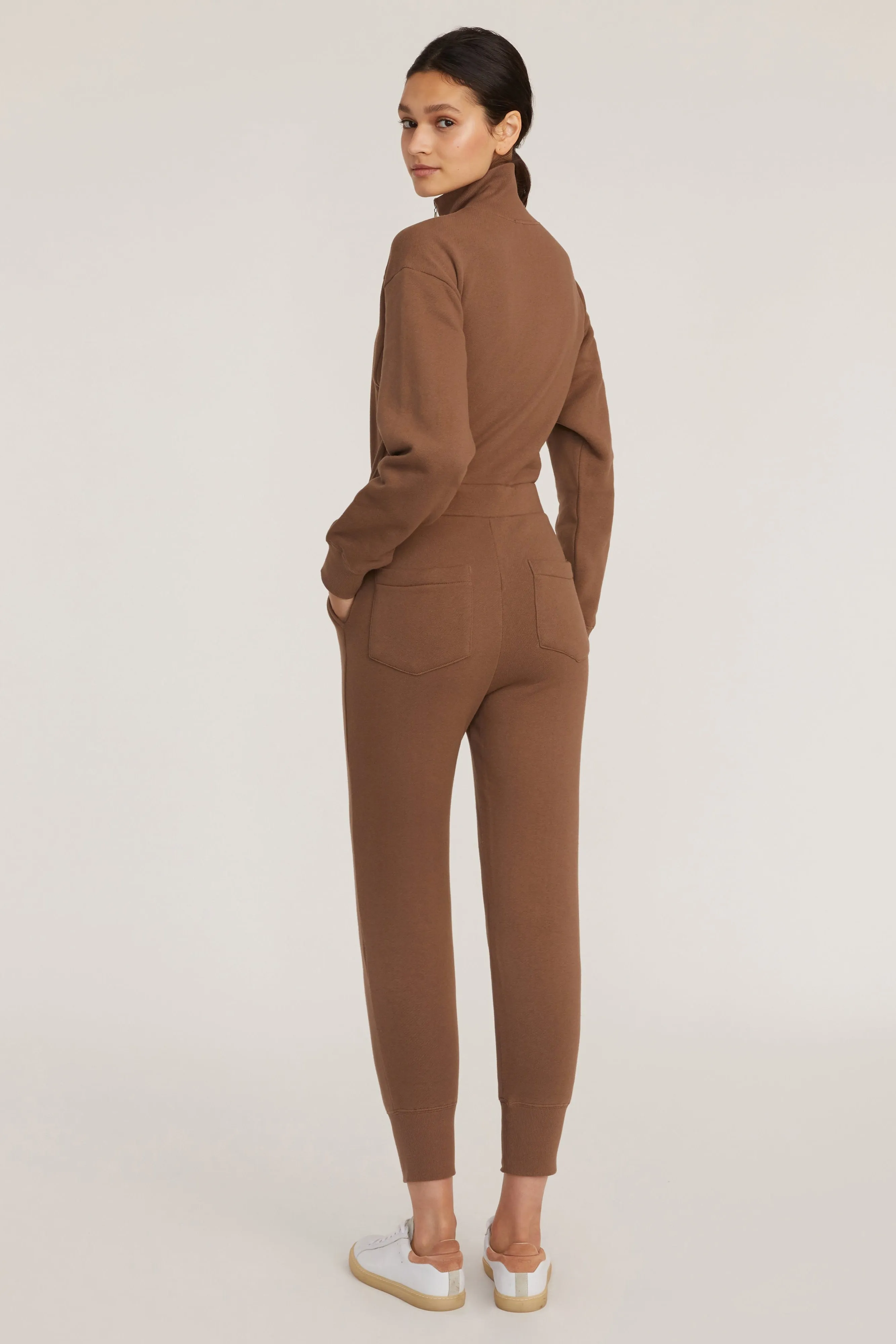 Red-Eye Zip Front French Terry Jumpsuit in Cognac
