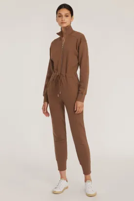 Red-Eye Zip Front French Terry Jumpsuit in Cognac