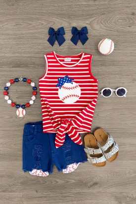 Red Striped Baseball Blue Denim Short Set