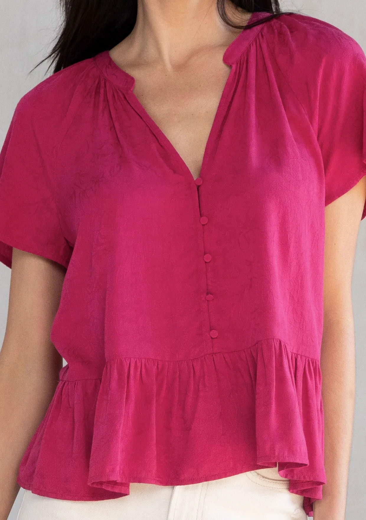 Rose Jacquard Flutter Sleeve Peplum Blouse