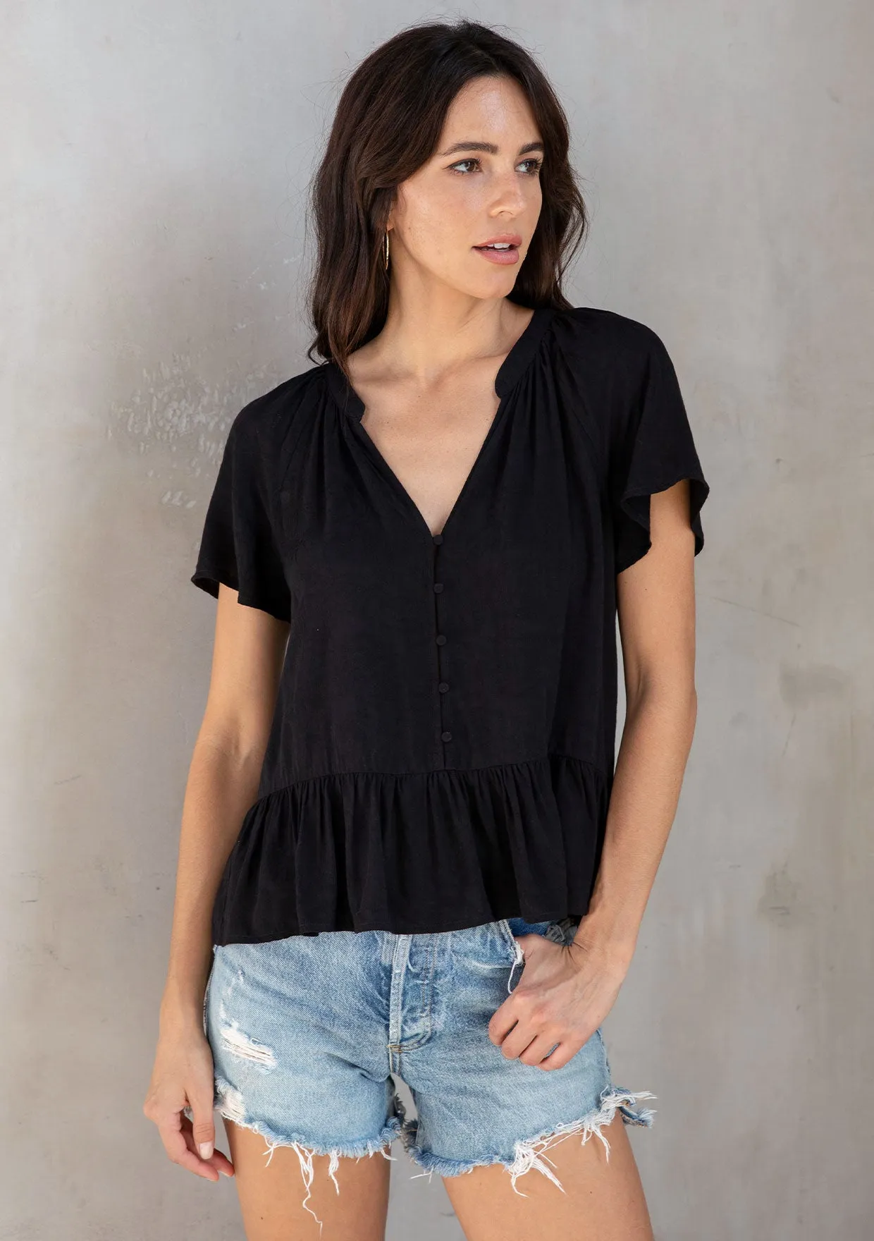 Rose Jacquard Flutter Sleeve Peplum Blouse