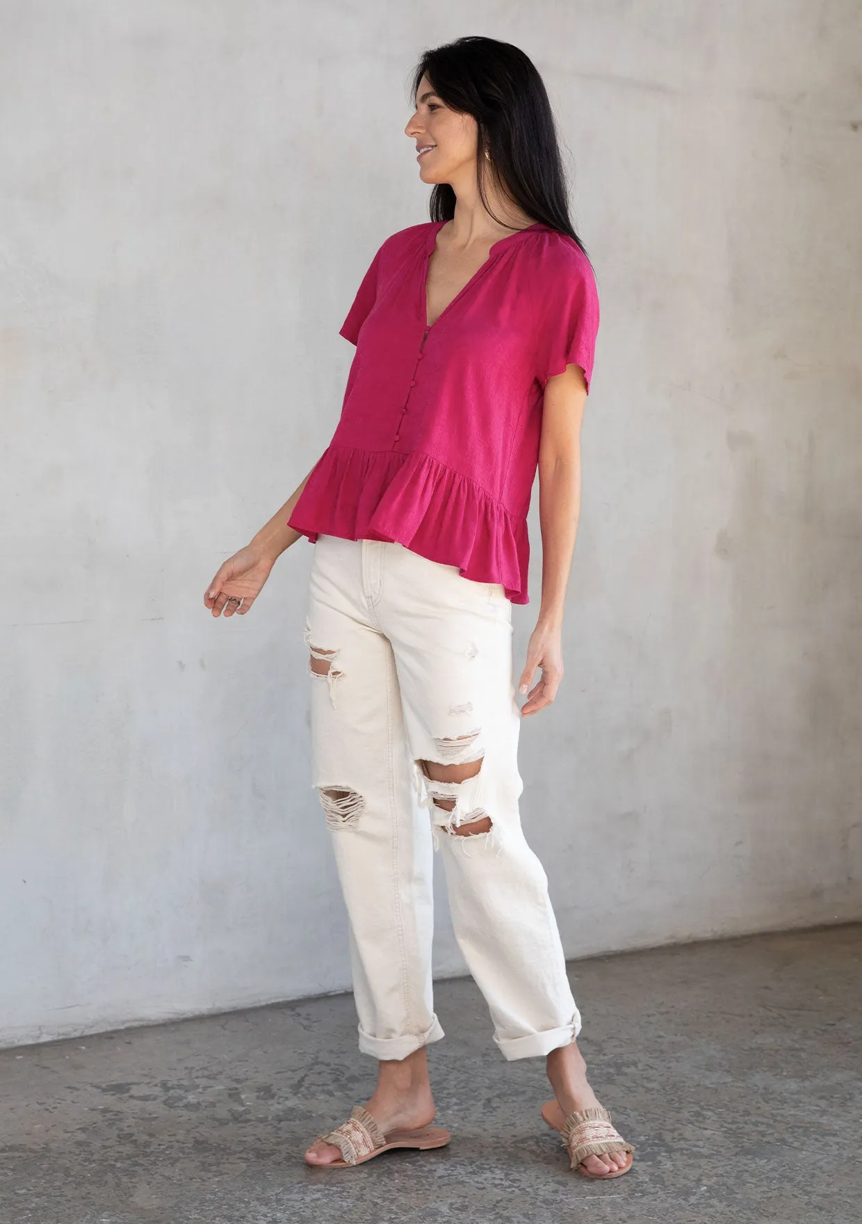 Rose Jacquard Flutter Sleeve Peplum Blouse