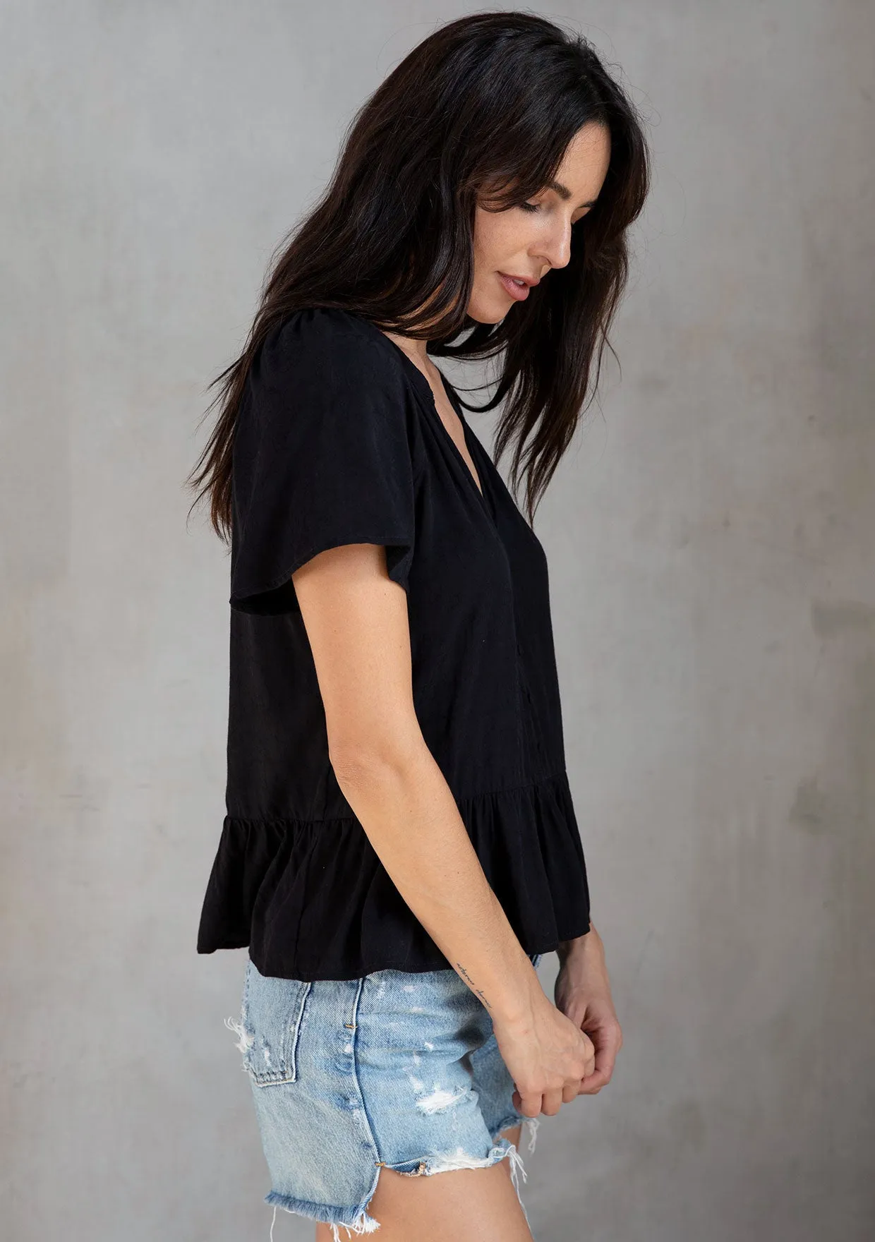 Rose Jacquard Flutter Sleeve Peplum Blouse