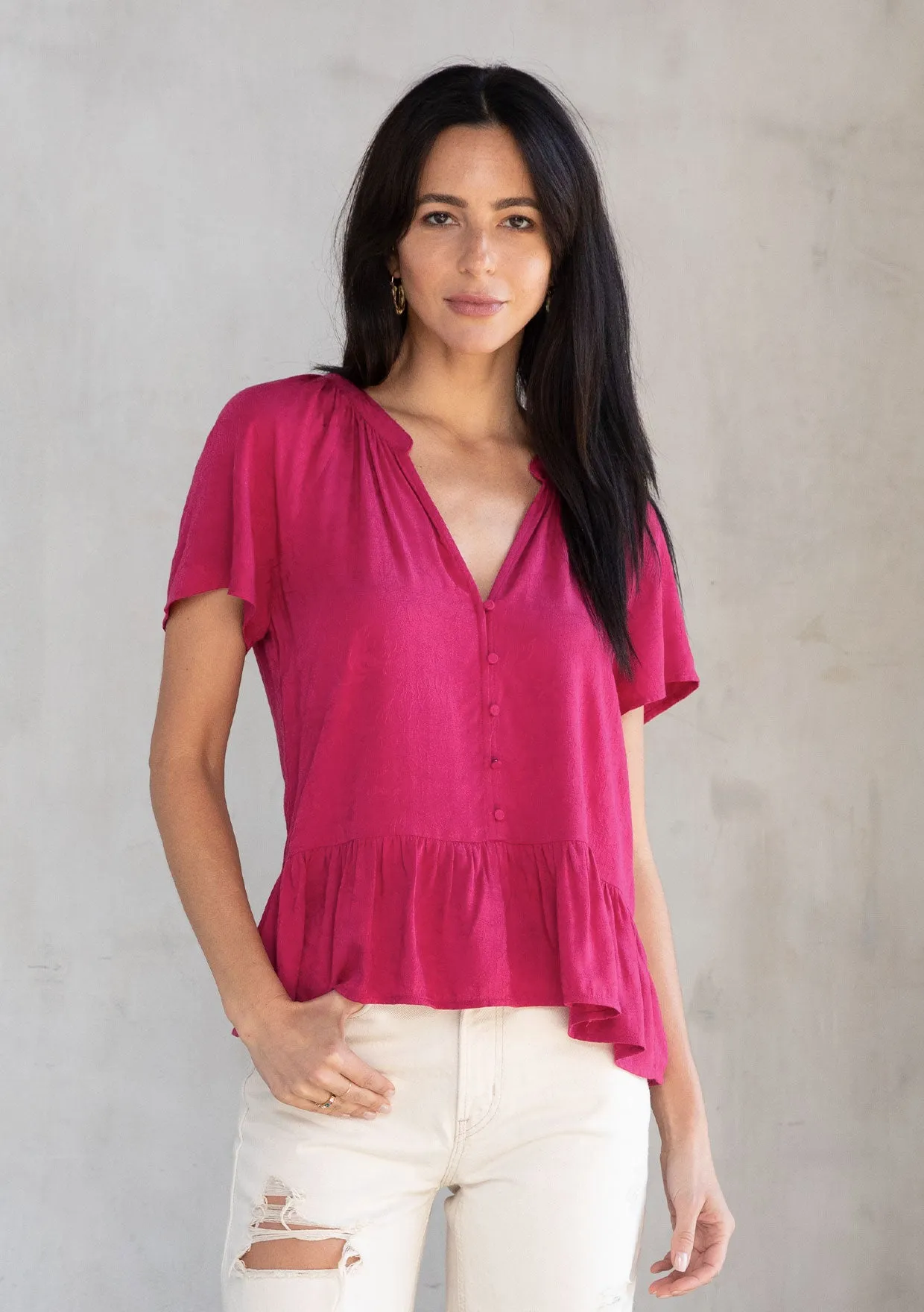 Rose Jacquard Flutter Sleeve Peplum Blouse