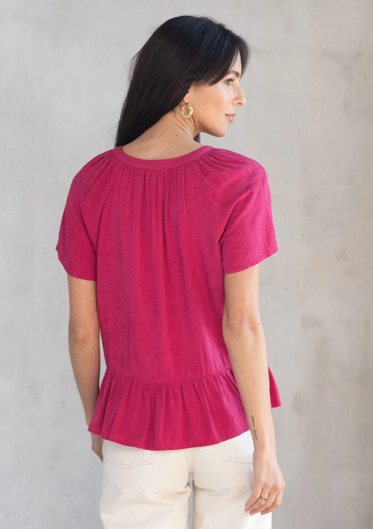 Rose Jacquard Flutter Sleeve Peplum Blouse