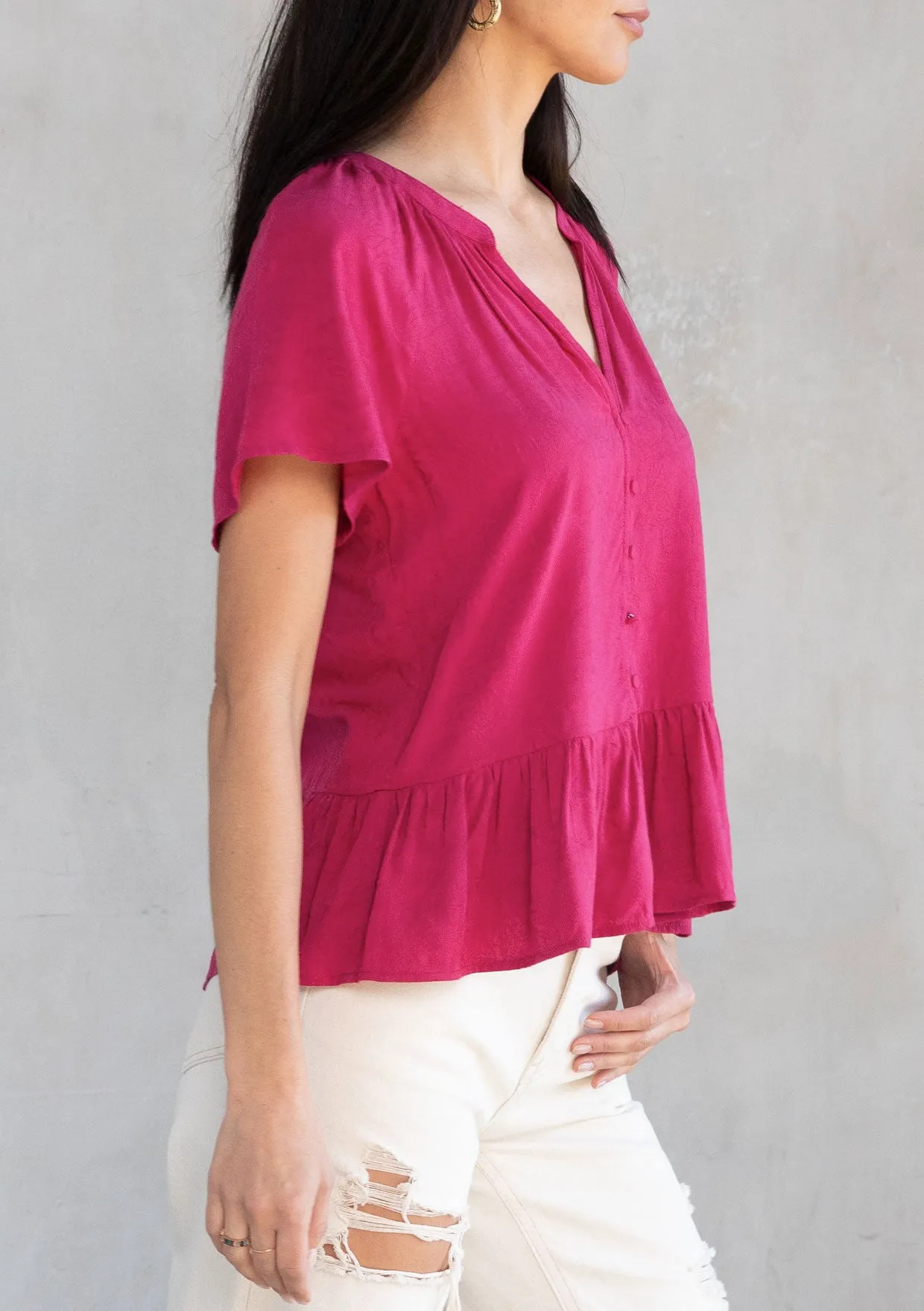 Rose Jacquard Flutter Sleeve Peplum Blouse