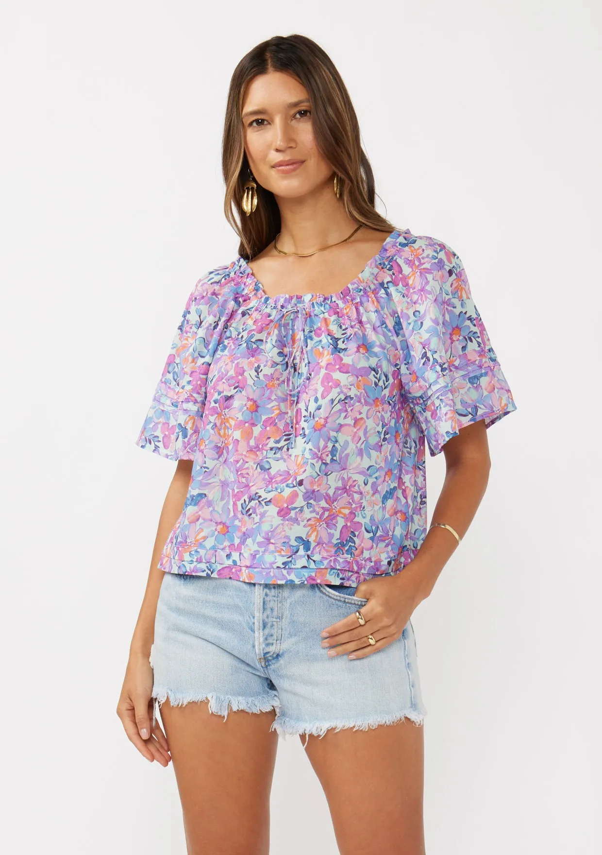 Short Sleeve Floral Raglan Top with Adjustable Tie