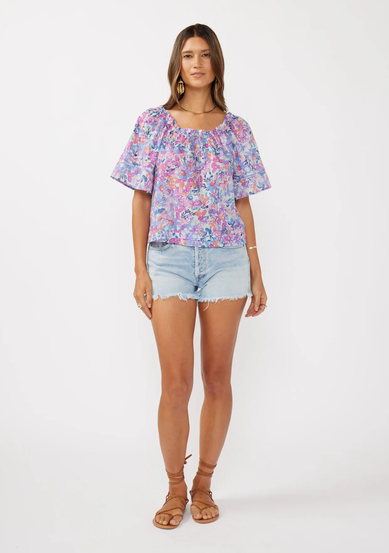 Short Sleeve Floral Raglan Top with Adjustable Tie