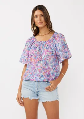 Short Sleeve Floral Raglan Top with Adjustable Tie