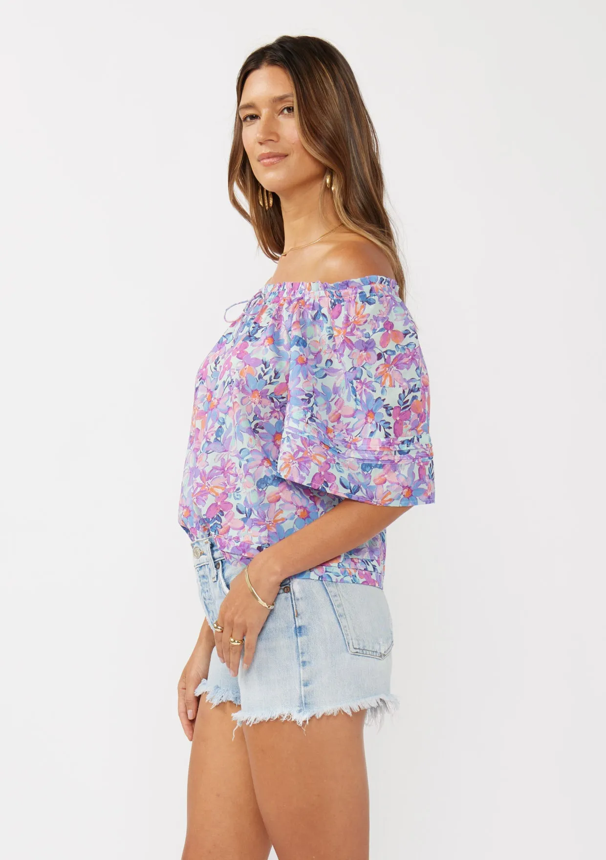 Short Sleeve Floral Raglan Top with Adjustable Tie