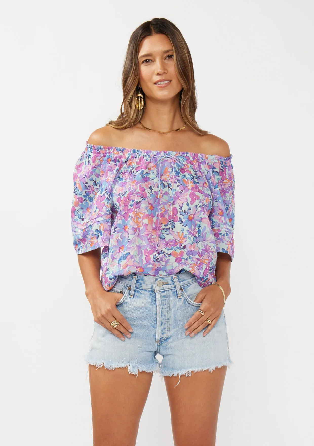 Short Sleeve Floral Raglan Top with Adjustable Tie