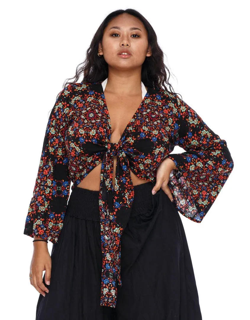 SHU-SHI Women's Floral Print Long Sleeve Crop Top Tie Front Shirt
