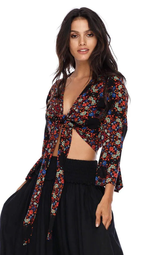 SHU-SHI Women's Floral Print Long Sleeve Crop Top Tie Front Shirt