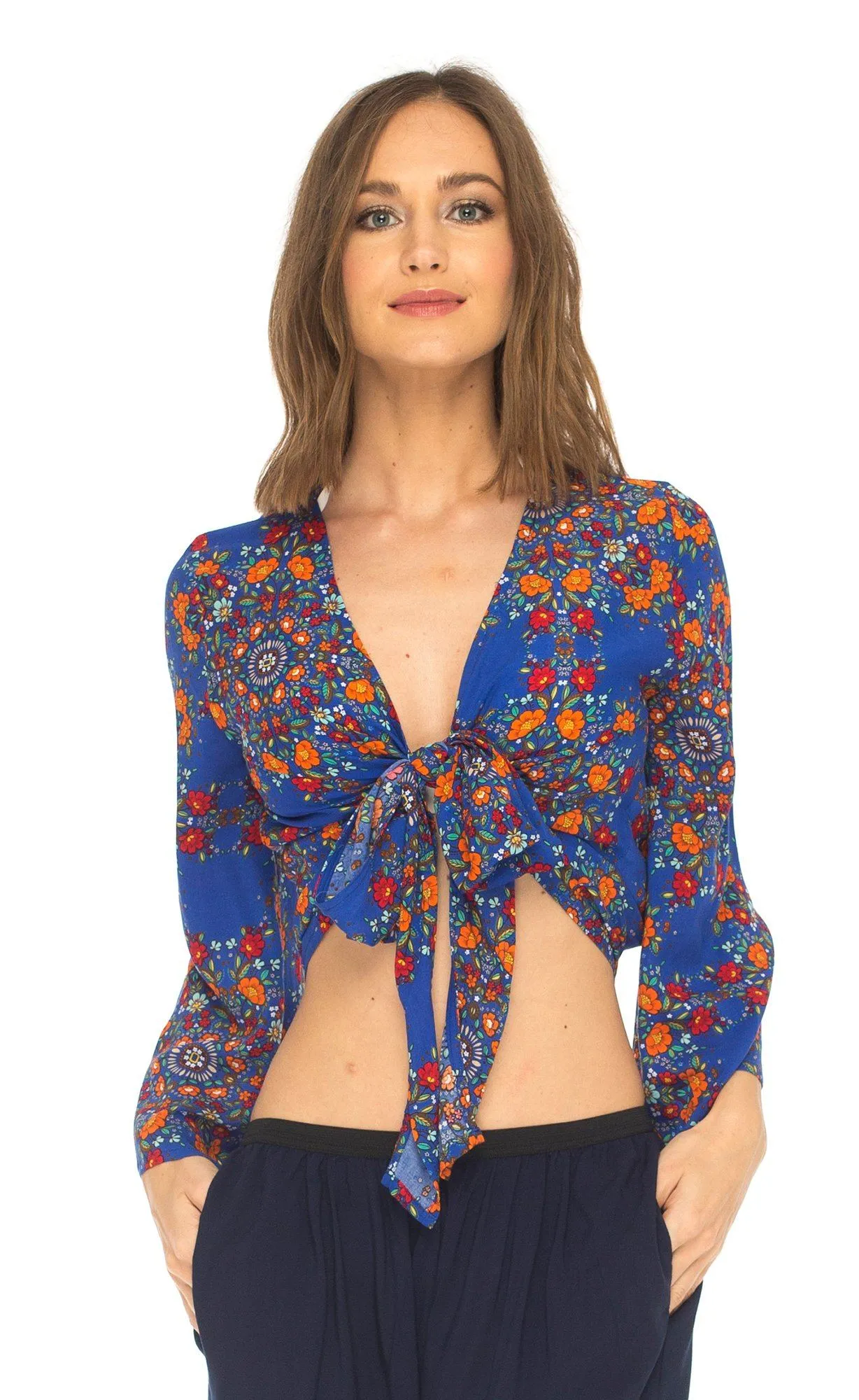 SHU-SHI Women's Floral Print Long Sleeve Crop Top Tie Front Shirt