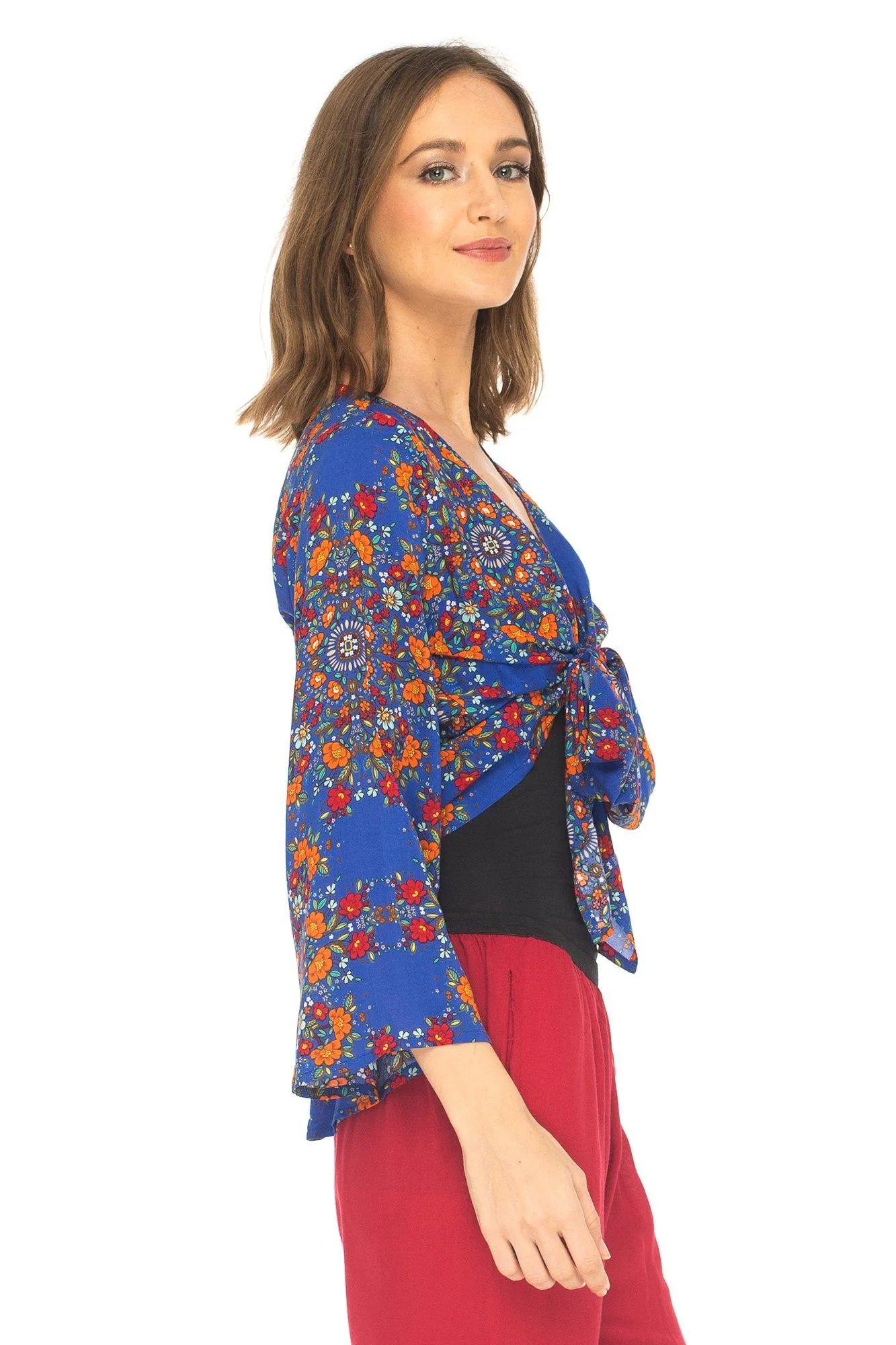 SHU-SHI Women's Floral Print Long Sleeve Crop Top Tie Front Shirt
