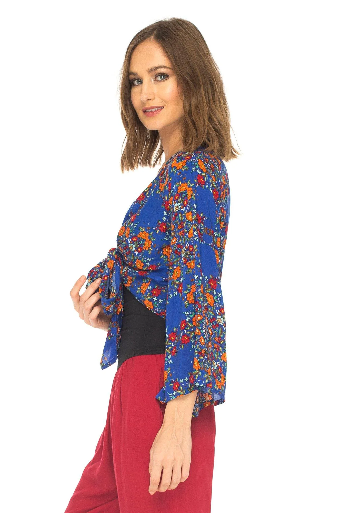 SHU-SHI Women's Floral Print Long Sleeve Crop Top Tie Front Shirt
