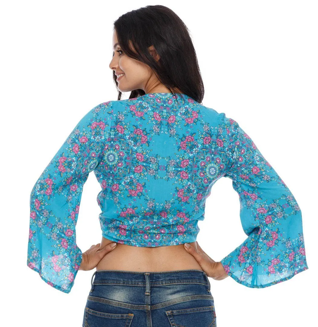 SHU-SHI Women's Floral Print Long Sleeve Crop Top Tie Front Shirt