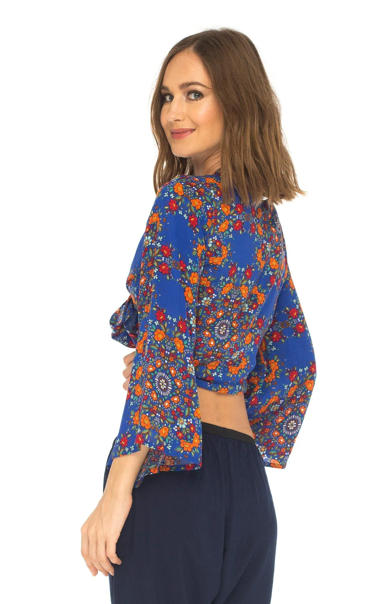 SHU-SHI Women's Floral Print Long Sleeve Crop Top Tie Front Shirt