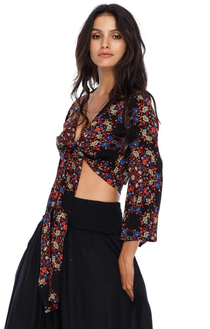SHU-SHI Women's Floral Print Long Sleeve Crop Top Tie Front Shirt