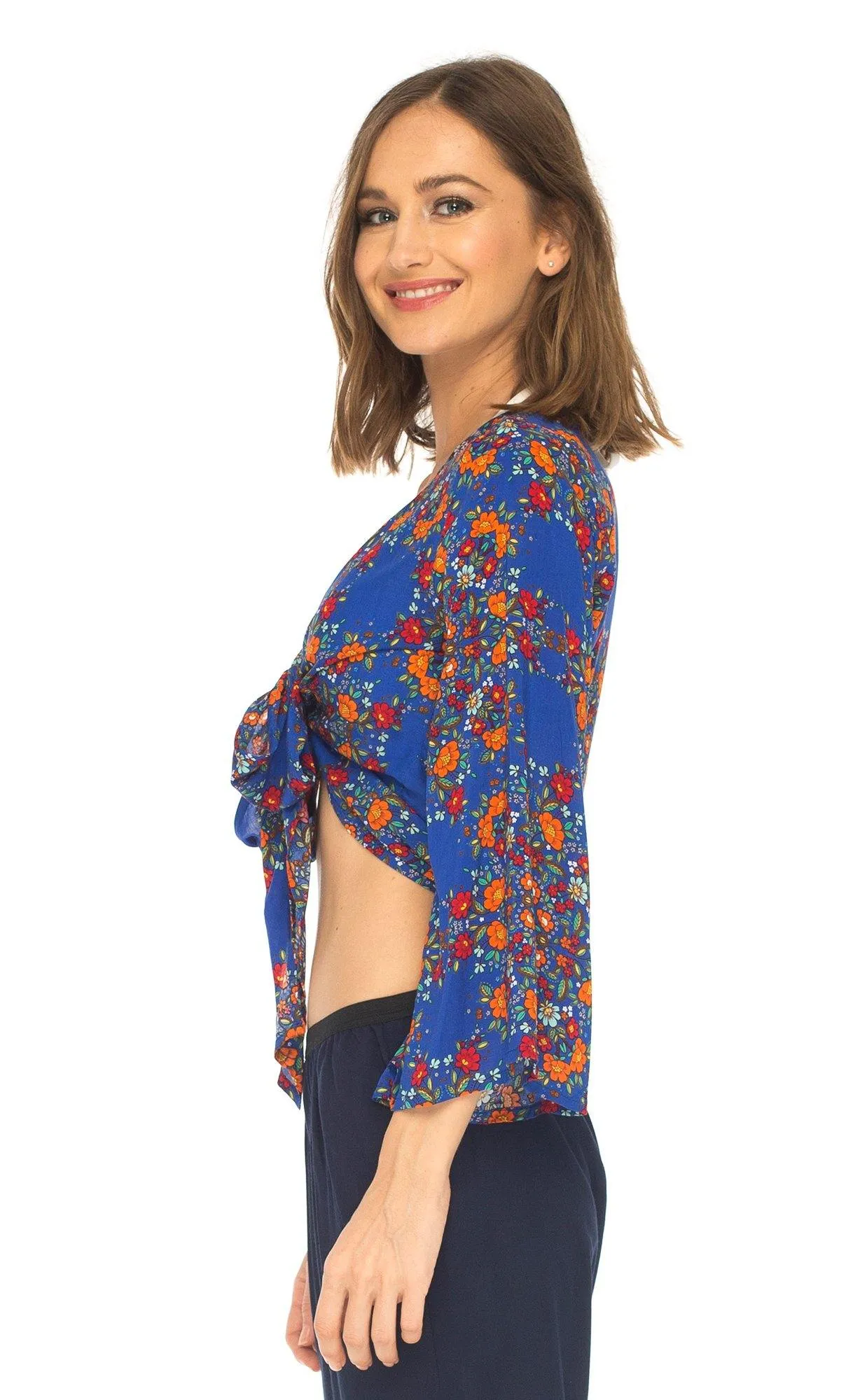 SHU-SHI Women's Floral Print Long Sleeve Crop Top Tie Front Shirt