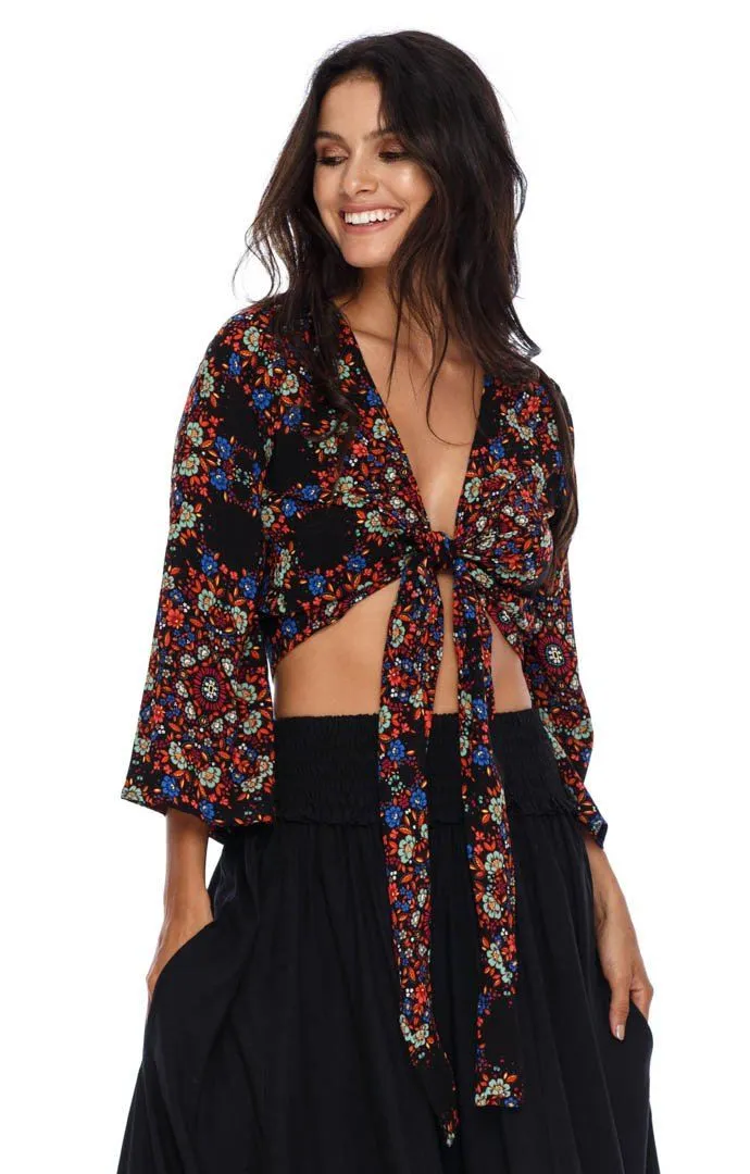 SHU-SHI Women's Floral Print Long Sleeve Crop Top Tie Front Shirt
