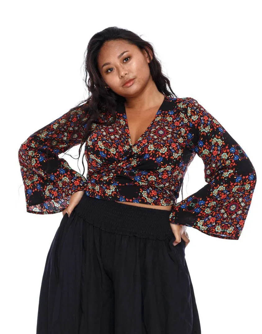 SHU-SHI Women's Floral Print Long Sleeve Crop Top Tie Front Shirt