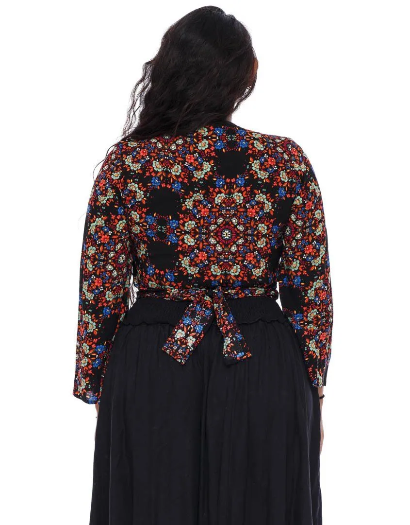 SHU-SHI Women's Floral Print Long Sleeve Crop Top Tie Front Shirt