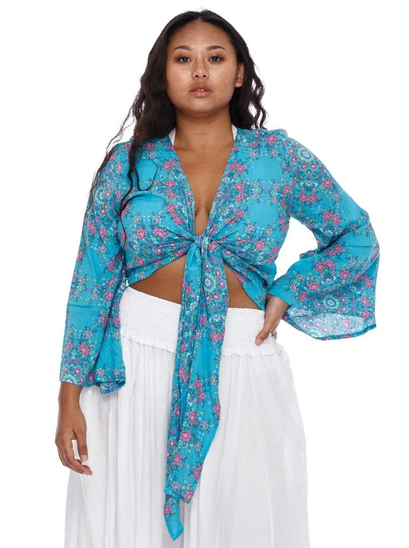SHU-SHI Women's Floral Print Long Sleeve Crop Top Tie Front Shirt