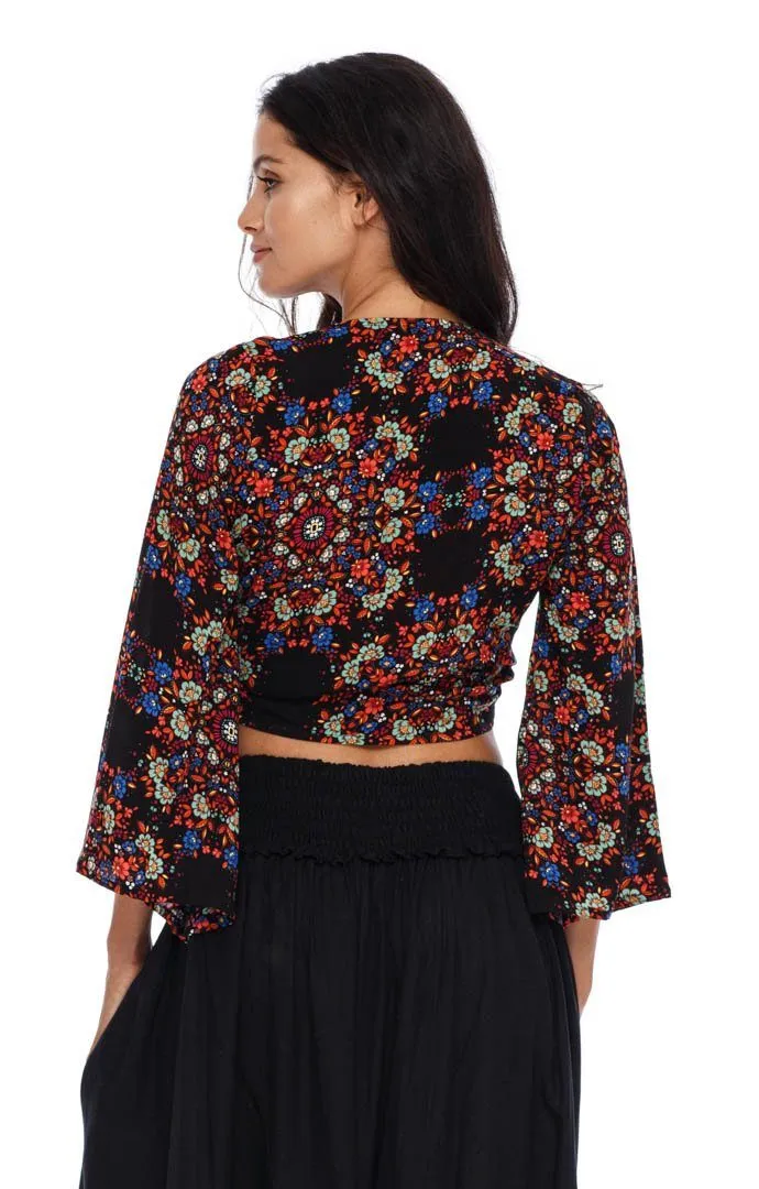 SHU-SHI Women's Floral Print Long Sleeve Crop Top Tie Front Shirt