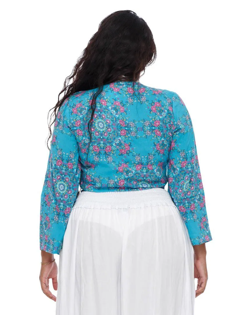 SHU-SHI Women's Floral Print Long Sleeve Crop Top Tie Front Shirt