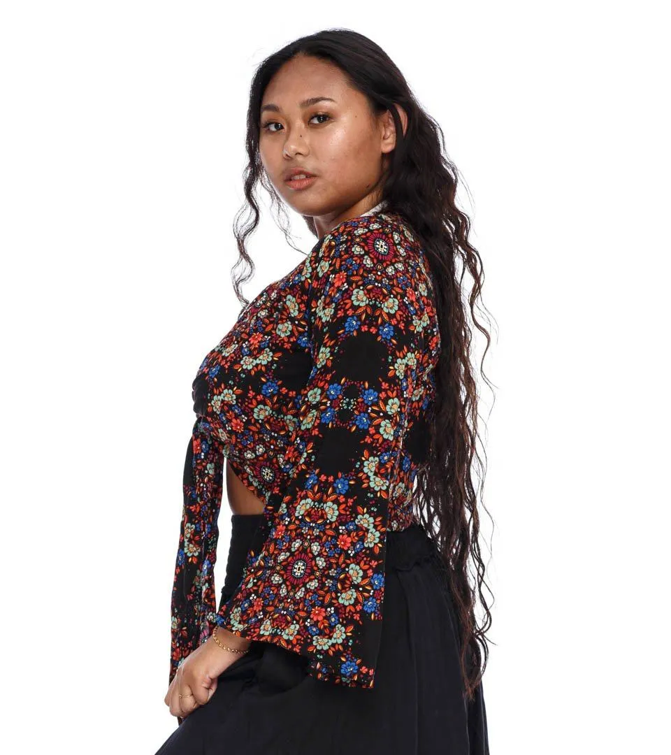 SHU-SHI Women's Floral Print Long Sleeve Crop Top Tie Front Shirt