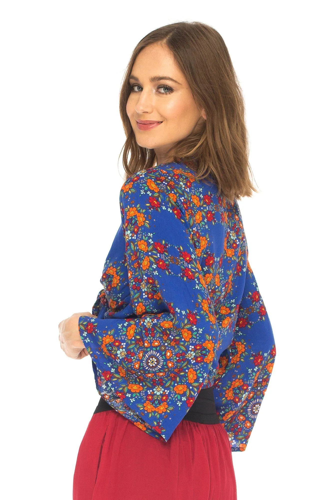 SHU-SHI Women's Floral Print Long Sleeve Crop Top Tie Front Shirt