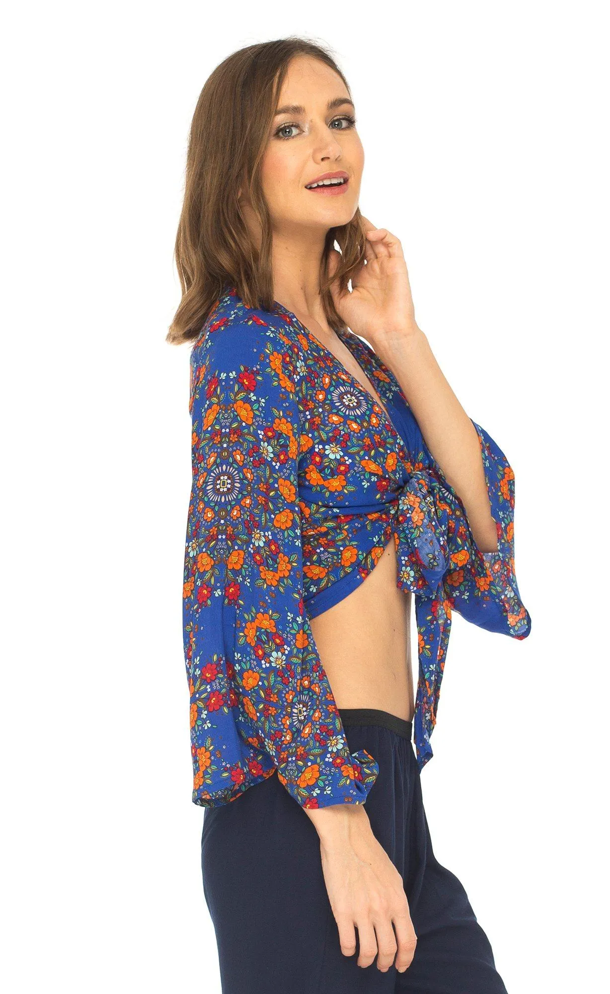 SHU-SHI Women's Floral Print Long Sleeve Crop Top Tie Front Shirt