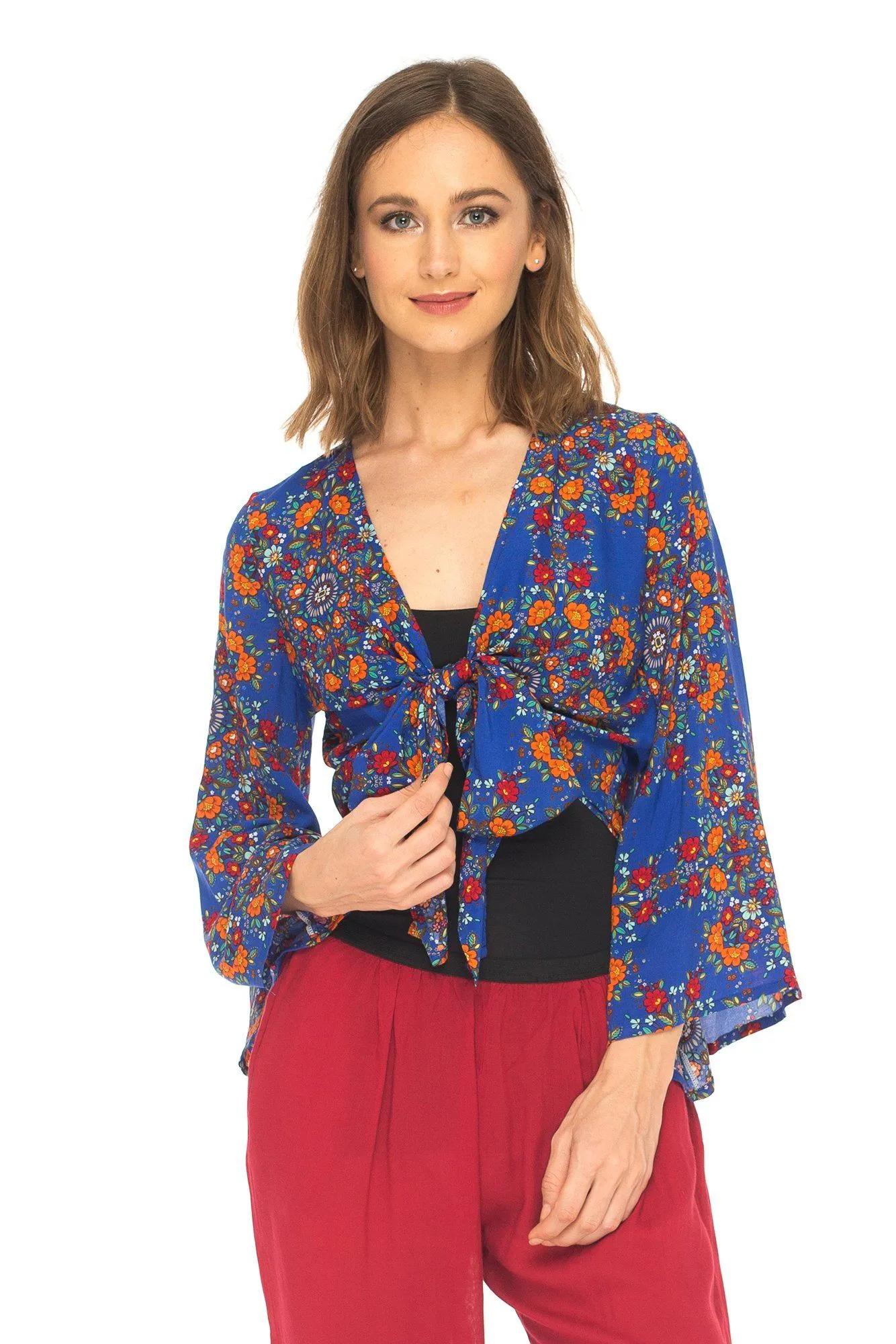 SHU-SHI Women's Floral Print Long Sleeve Crop Top Tie Front Shirt