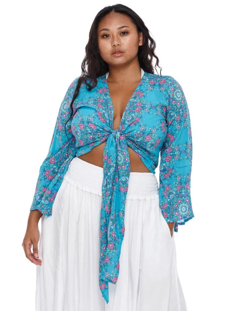 SHU-SHI Women's Floral Print Long Sleeve Crop Top Tie Front Shirt
