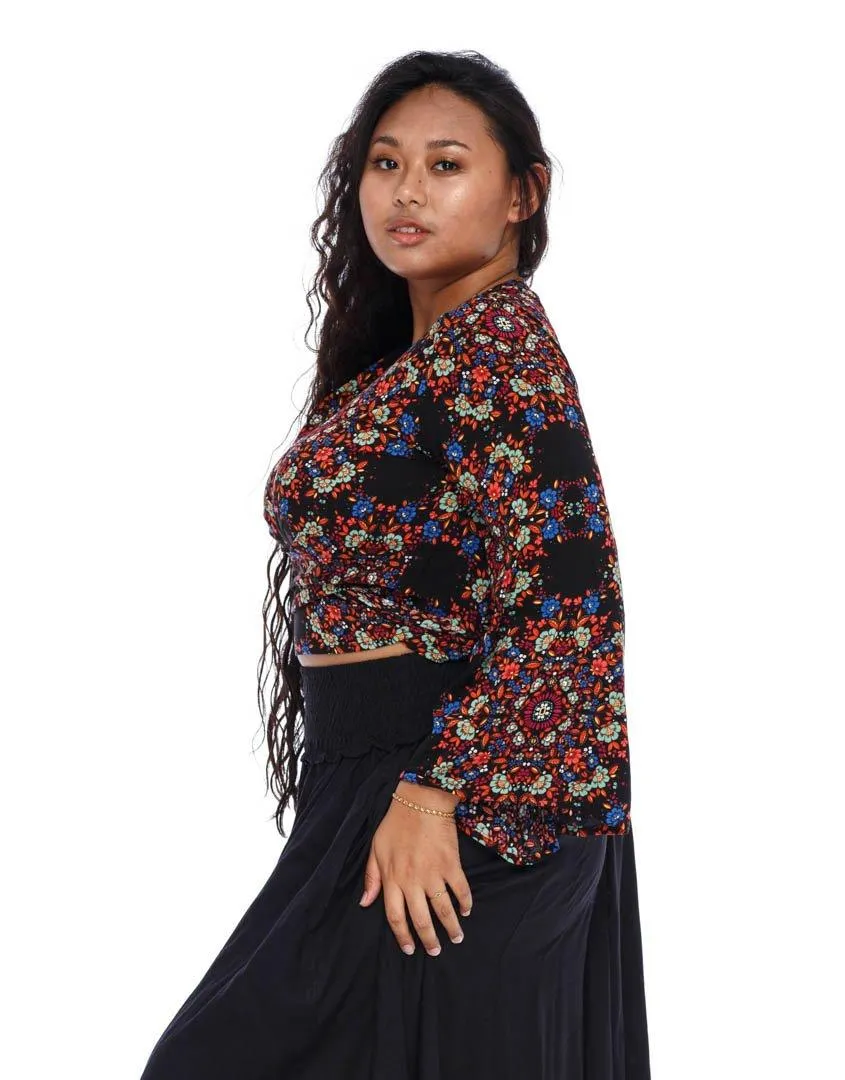 SHU-SHI Women's Floral Print Long Sleeve Crop Top Tie Front Shirt