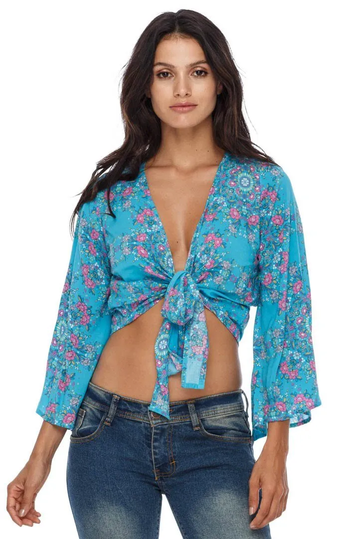 SHU-SHI Women's Floral Print Long Sleeve Crop Top Tie Front Shirt